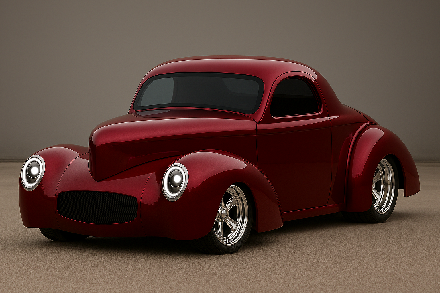 A vintage red car with a sleek, rounded design and large wheel arches, parked on a neutral-colored surface against a plain background.