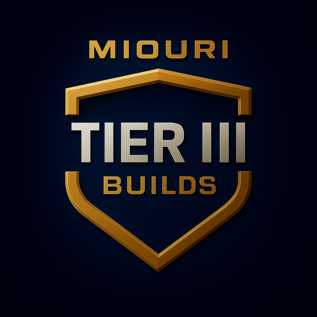 A dark background with gold and silver text and a shield emblem that reads 'MIOURI TIER III BUILDS'.