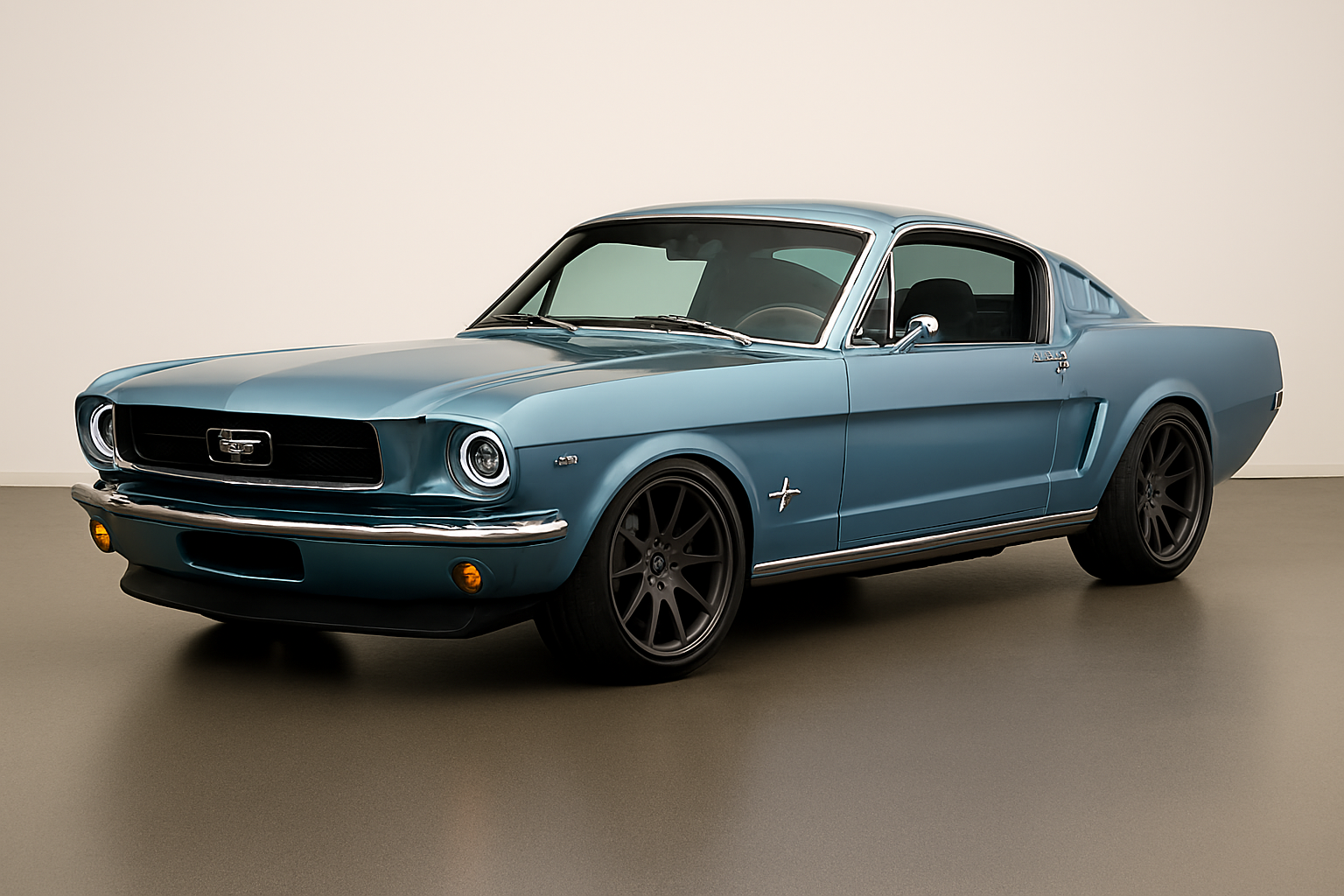 Light blue vintage Ford Mustang car with black wheels displayed in a gallery setting.