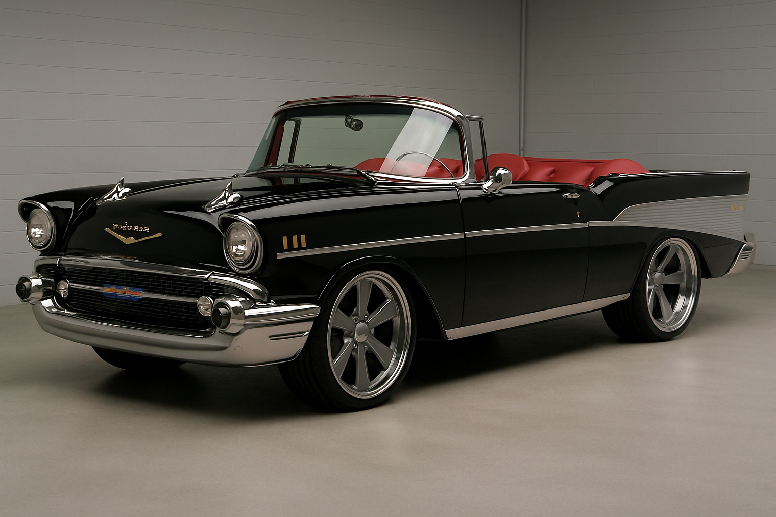 A vintage black Chevrolet convertible with red interior parked indoors.