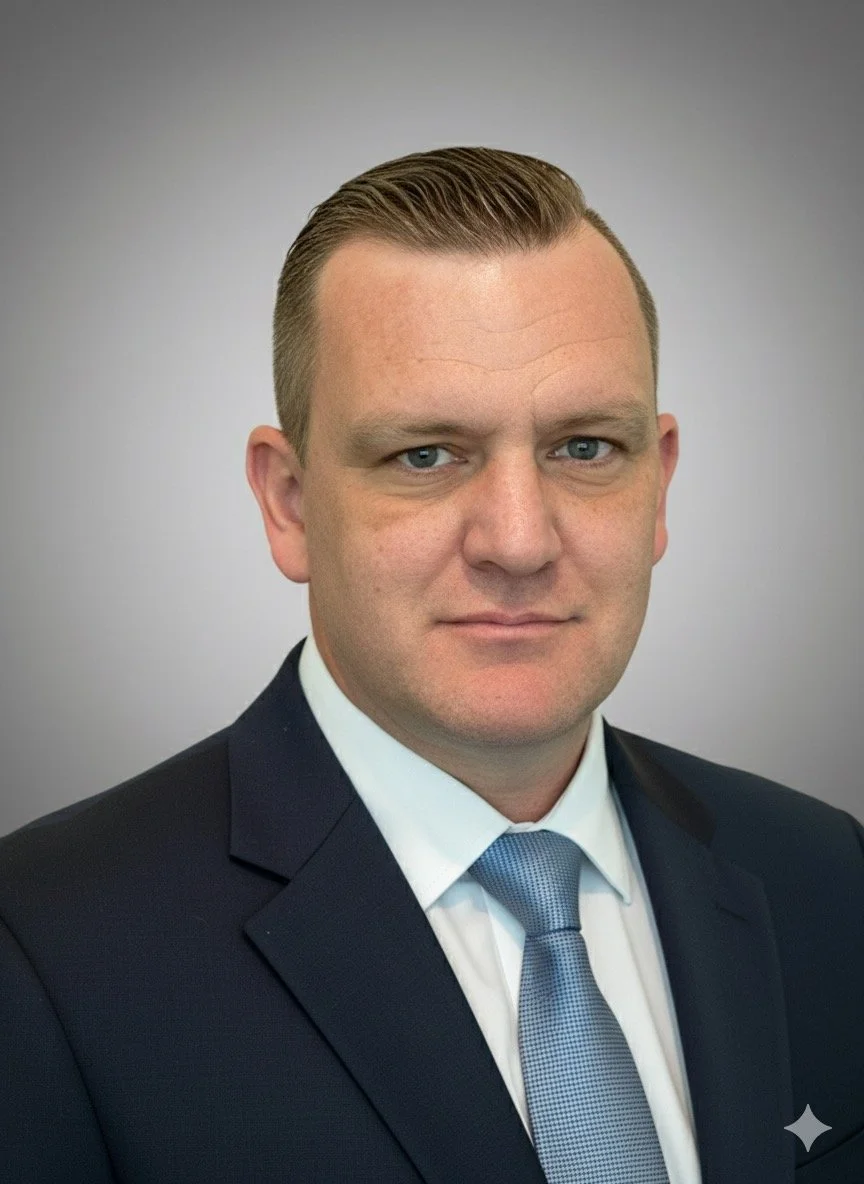 A man with short, neatly combed blonde hair, blue eyes, wearing a dark suit, white shirt, and light blue tie, posing against a plain gray background.