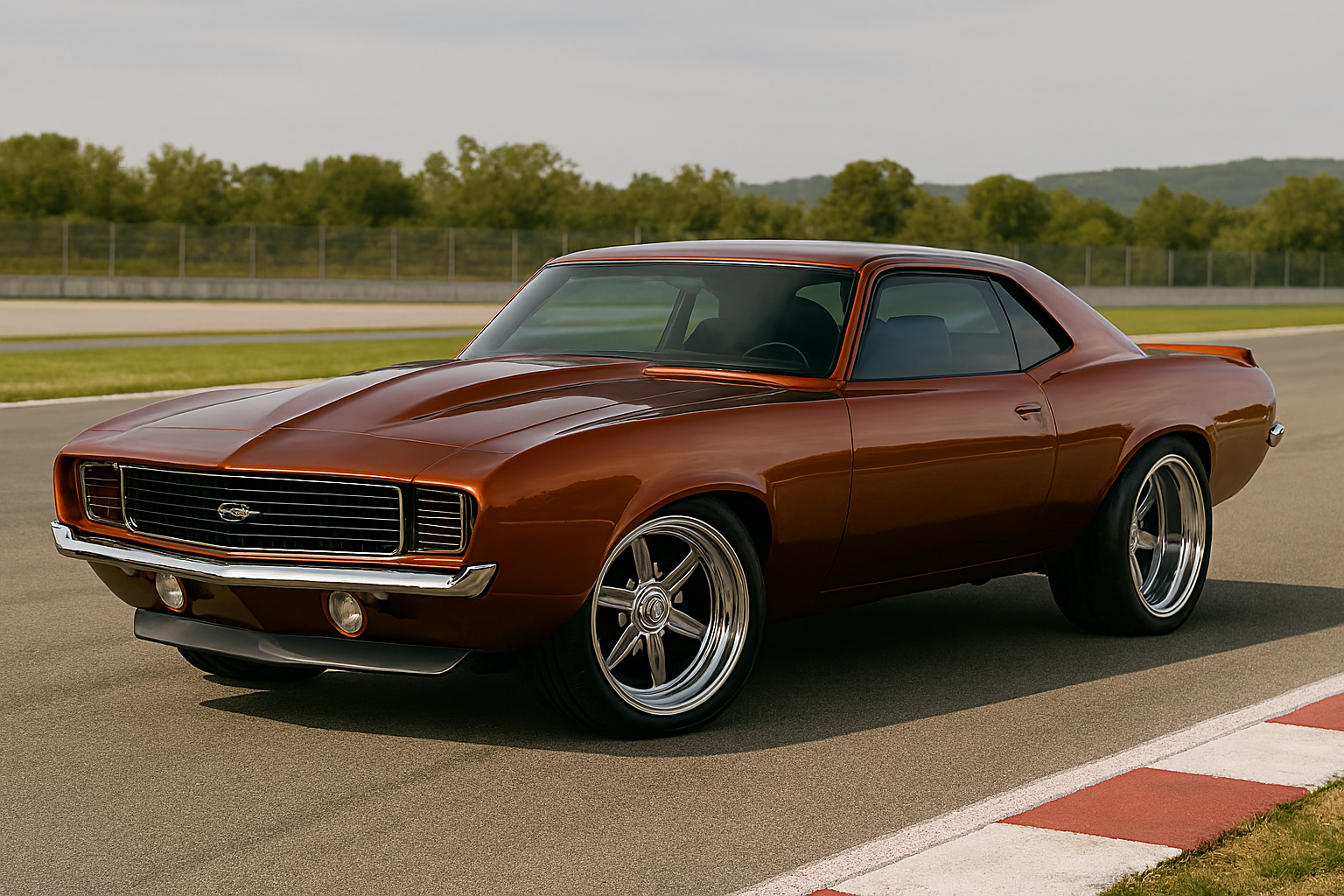A vintage brown Chevrolet Camaro muscle car on a racetrack with a green landscape and cloudy sky in the background.