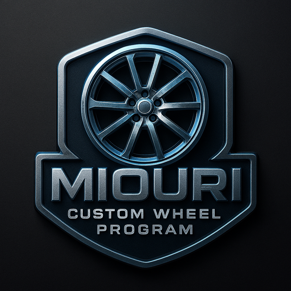 A metallic emblem with a wheel design and text reading "MIORI Custom Wheel Program".