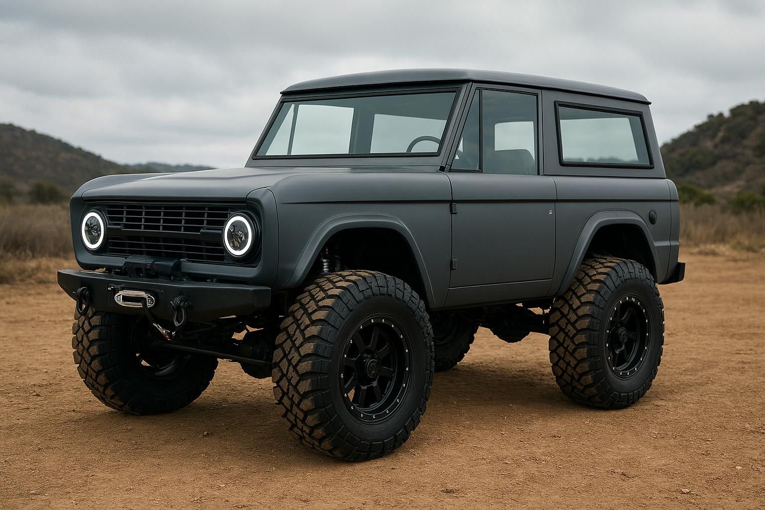 A matte black off-road vehicle with large tires and a boxy design parked on a dirt surface in a rural landscape with hills and cloudy sky in the background.