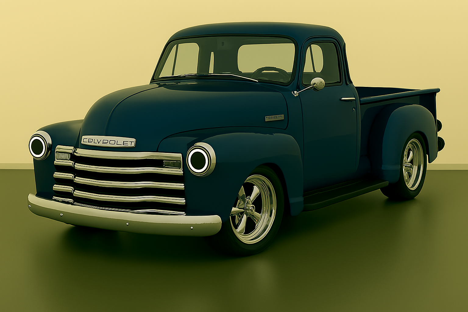 Vintage dark green Chevrolet pickup truck with chrome grille and white wall tires in a minimalist setting.