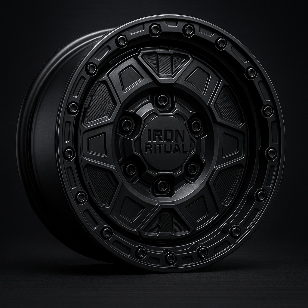 A black, rugged off-road tire with the brand name 'Iron Ritual' on the center cap, against a dark background.