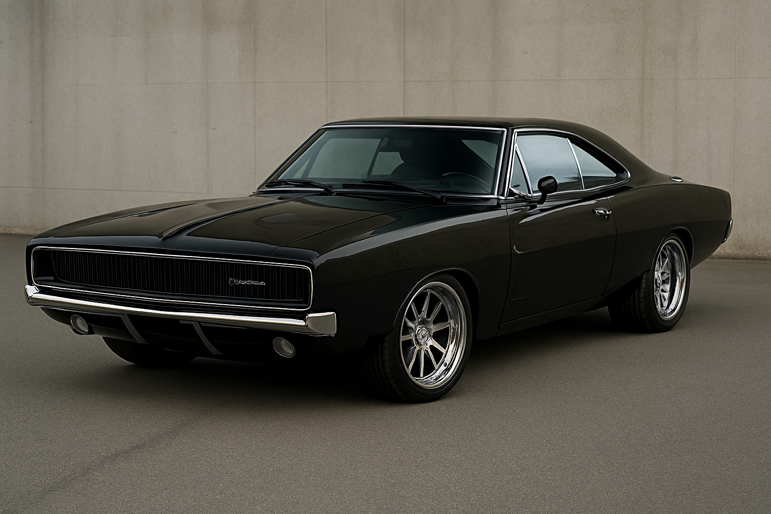 A black vintage muscle car with a sleek body and chrome accents parked in front of a plain beige wall.