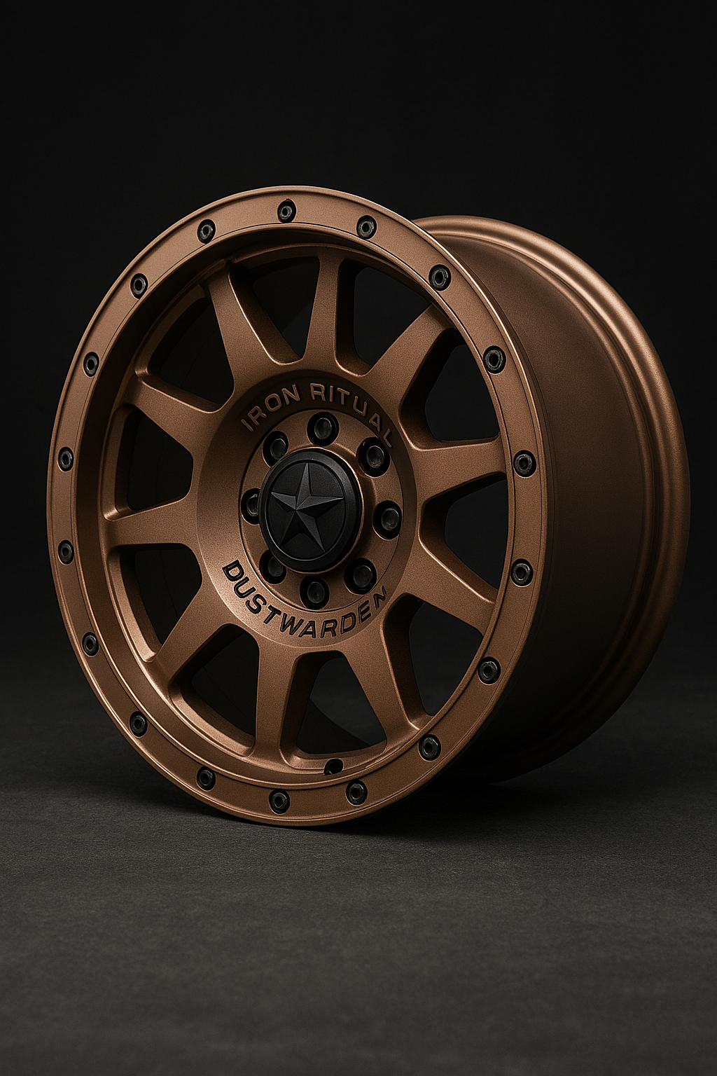 Bronze-colored, multi-spoke car wheel with black accents and engraved text 'Iron Ritual', 'Dustwarden', and bolt holes, against a dark background.