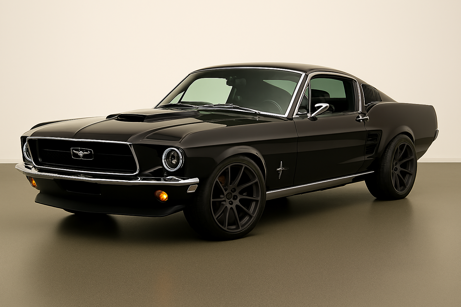 Black classic Ford Mustang car on display in a neutral setting.