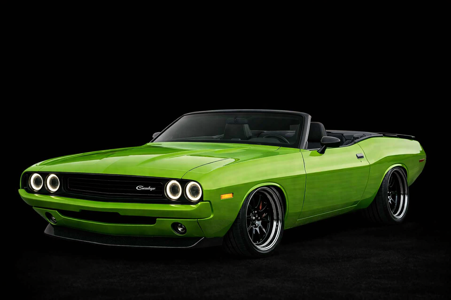 A bright green vintage convertible car with black interior and wheels against a black background.