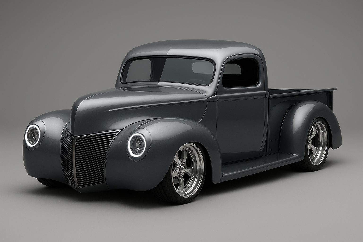 A vintage black pickup truck with a sleek, modern look, featuring round headlights, a streamlined hood, and shiny alloy wheels, set against a plain gray background.
