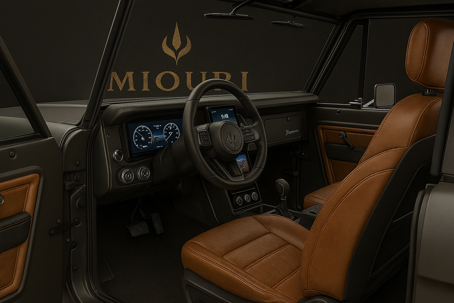 Interior of a modern vehicle with a digital dashboard, leather seats, and a steering wheel decorated with the MIoub logo.
