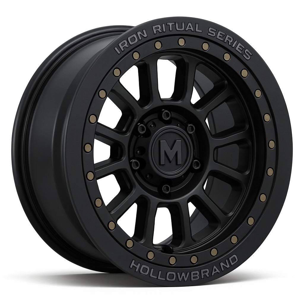 Black off-road wheel rim with the text 'Iron Ritual Series' and 'Hollowbrand' on the outer edge.