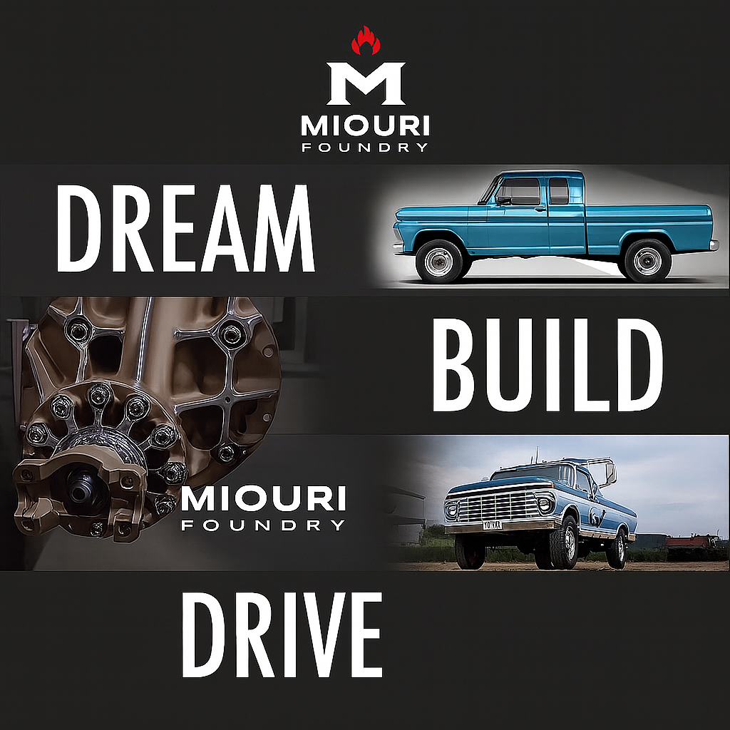 A promotional graphic for Miouri Foundry with the words "Dream," "Build," and "Drive," showing images of a blue pickup truck, a car engine part, and a vintage pickup truck.