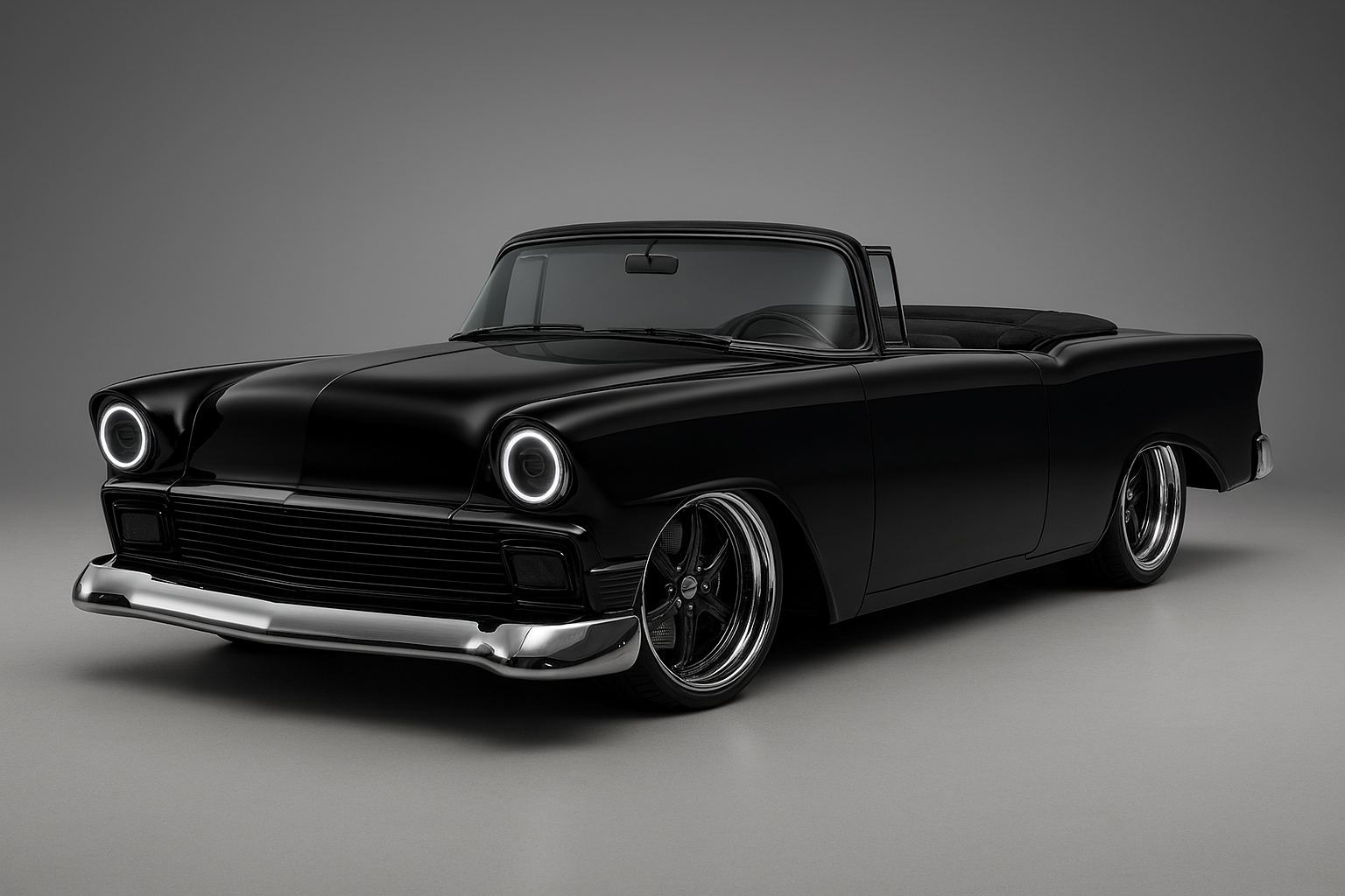 Black vintage convertible car with modern custom design, black paint, and chrome accents, against a plain grey background.