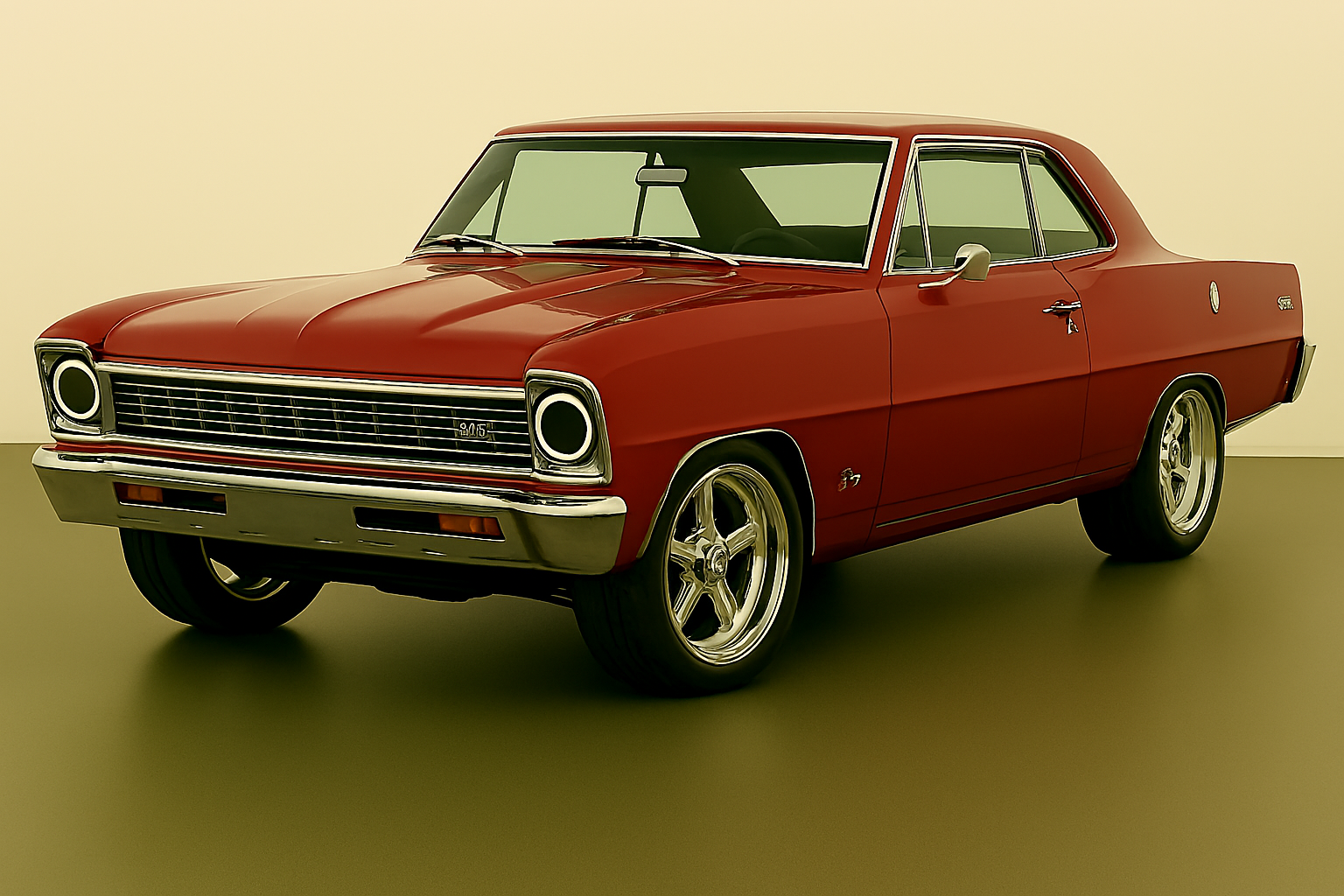 Red vintage Chevrolet Nova with chrome wheels on a plain yellow background.