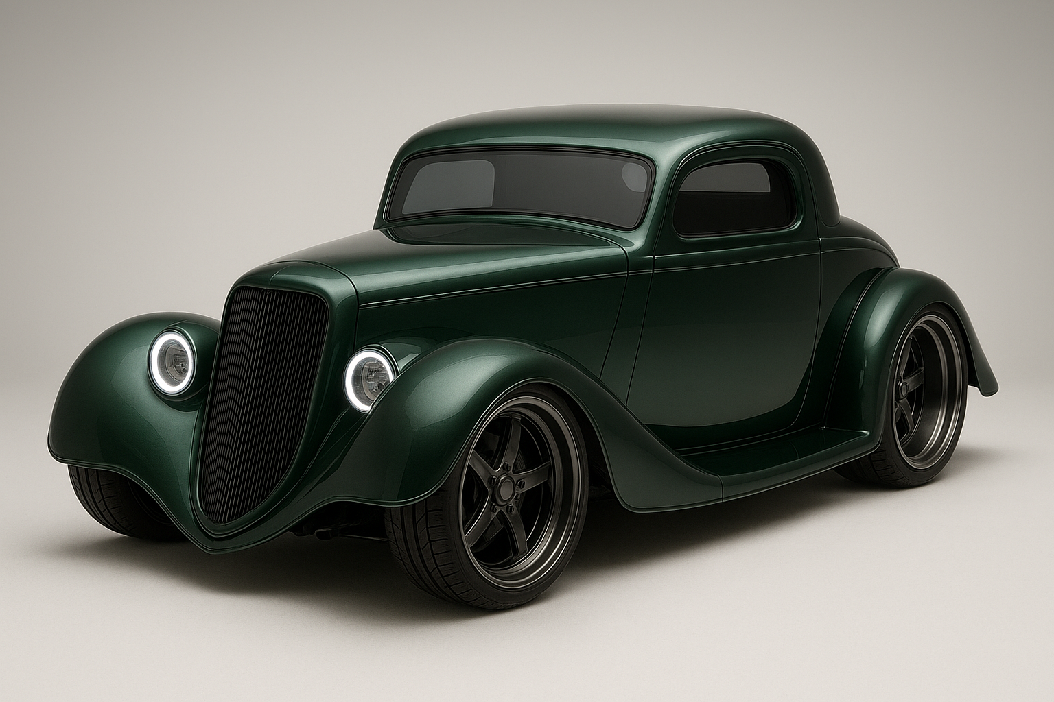 A vintage dark green two-door coupe with rounded fenders, black wheels, and circular headlights, set against a plain light gray background.