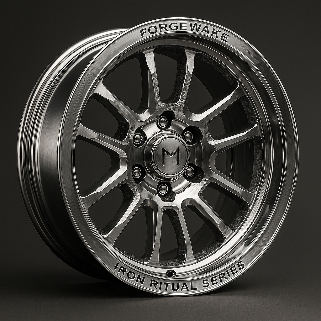 A close-up of a metallic car wheel rim with the word Forgwake inscribed on the outer edge, featuring a multi-spoke design and a center cap with an M logo.