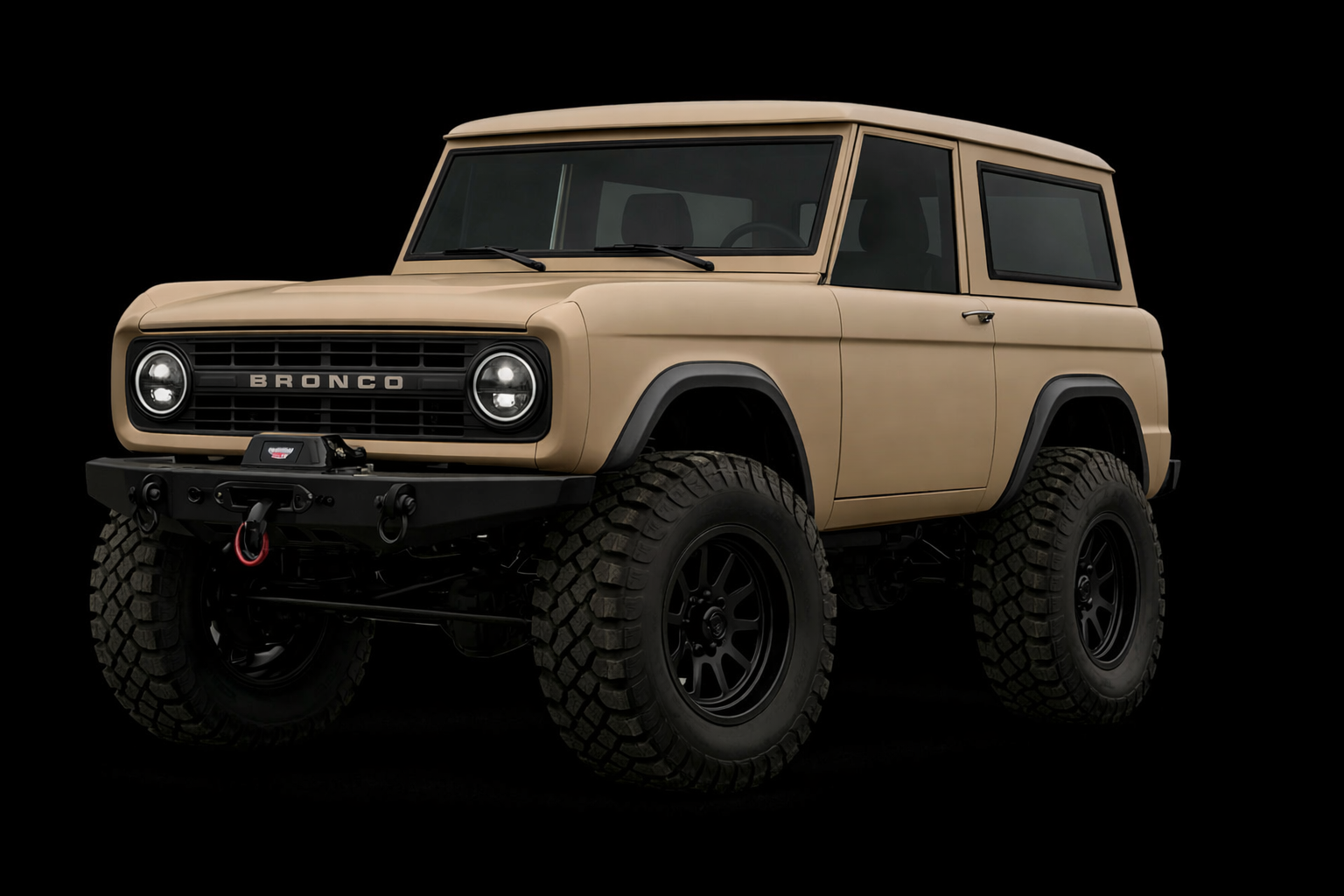 A beige, vintage-style off-road SUV with large tires, black bumper with a red tow hook, black accents, and a minimalist design against a black background.