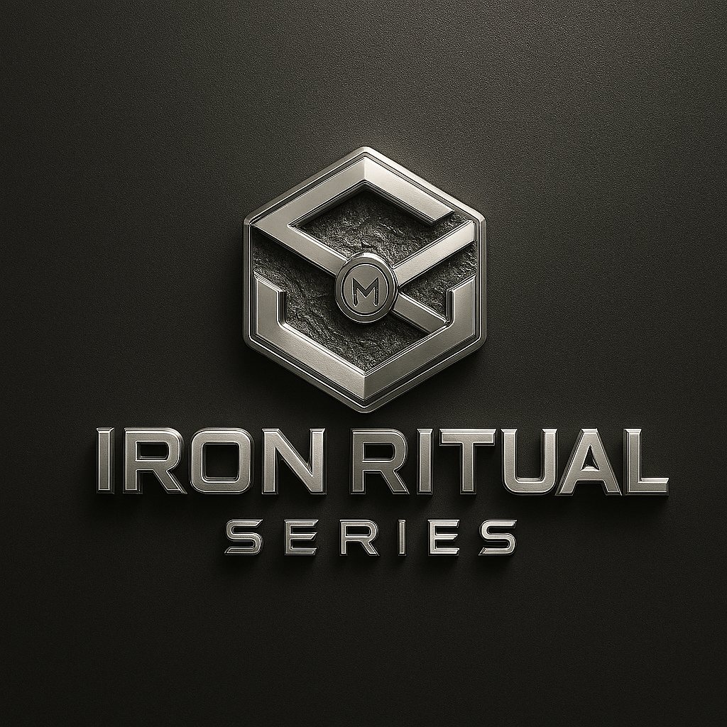 A metallic logo for Iron Ritual Series featuring a hexagon with a circle and a stylized 'M' inside, set against a dark background.