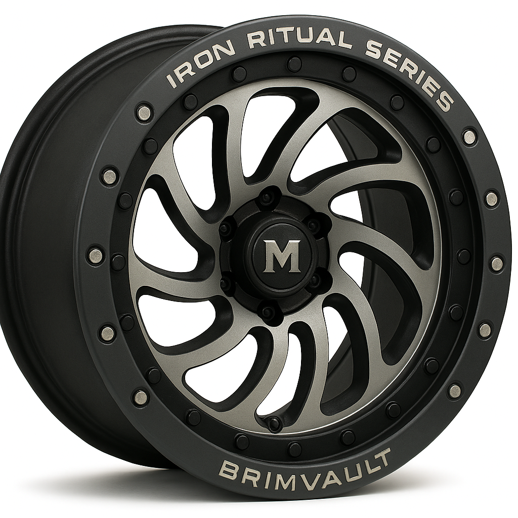 A black and silver car wheel rim with the words "Iron Ritual Series" and "Brimvault" printed on it.