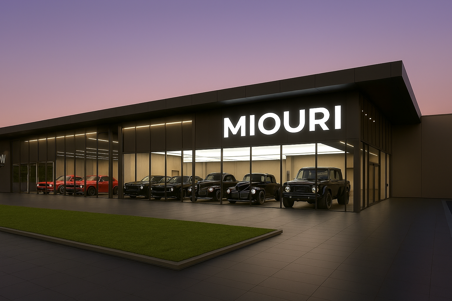Modern car showroom with large glass windows displaying several luxury cars, illuminated sign reading 'MIORI', set against a twilight sky.