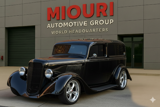 Black vintage car parked in front of MIOURI Automotive Group World Headquarters building.