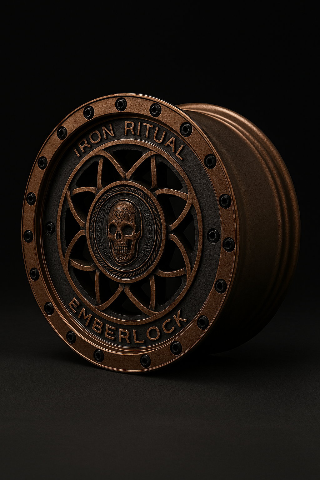 Bronze-colored wheel with skull emblem and the text 'Iron Ritual Emberlock' on a black background.
