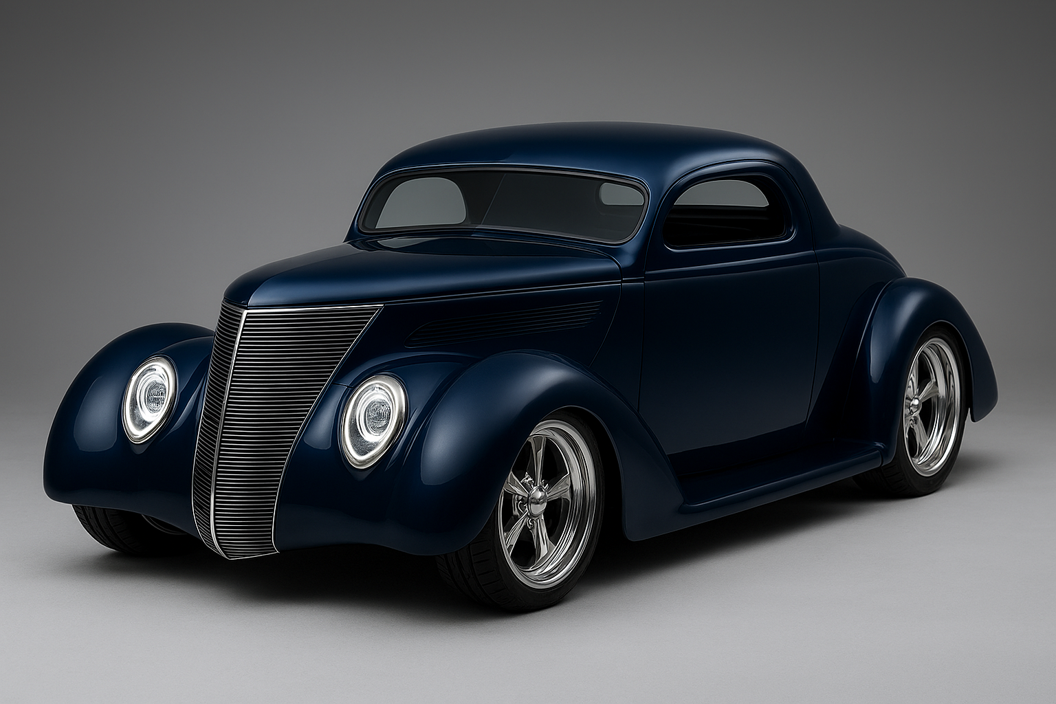 A vintage dark blue coupe car with rounded fenders and chrome wheels on a plain gray background.
