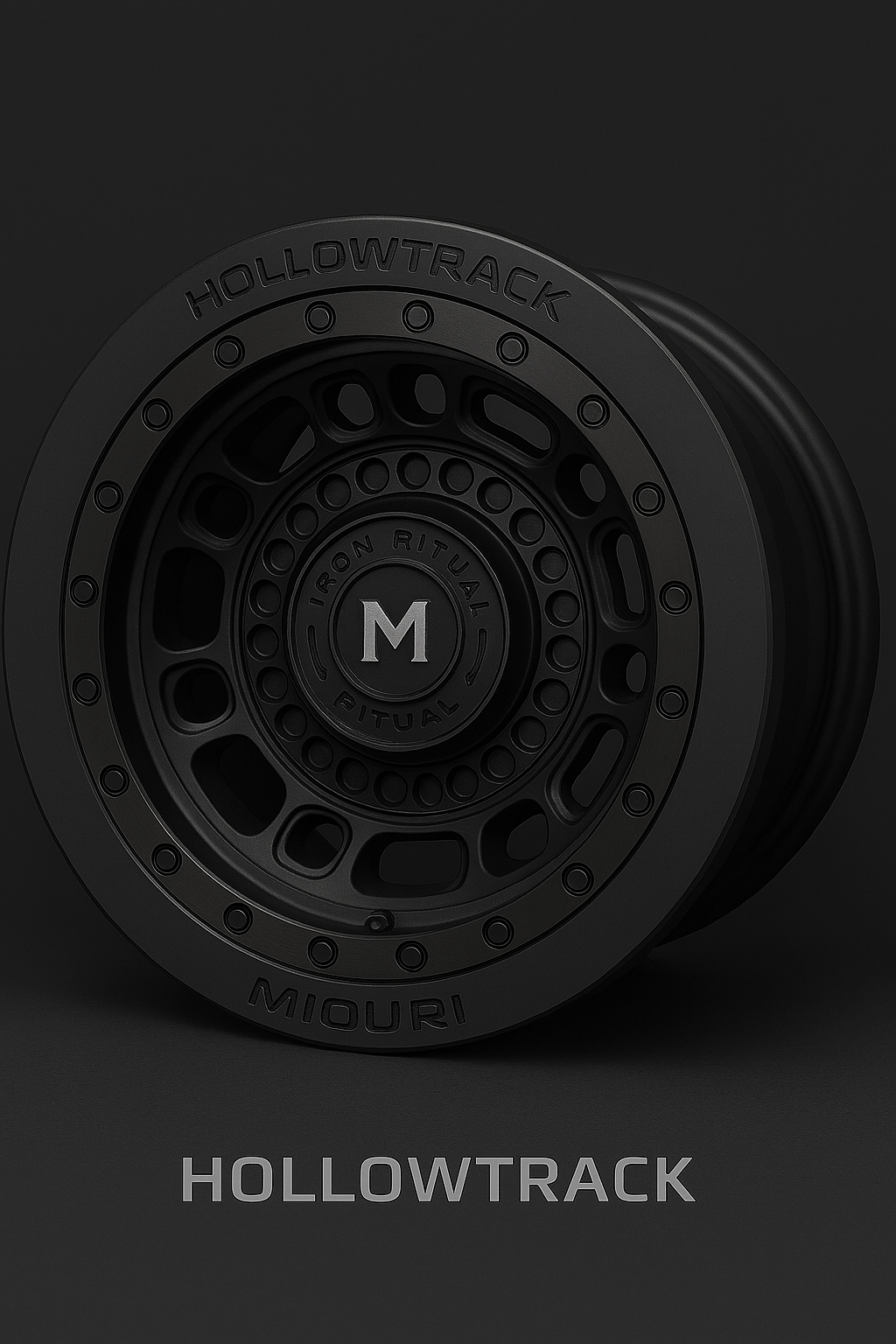 Close-up of a black Miori Hollowtrack tire with intricate design, centered on a dark background with the brand name visible at the bottom.