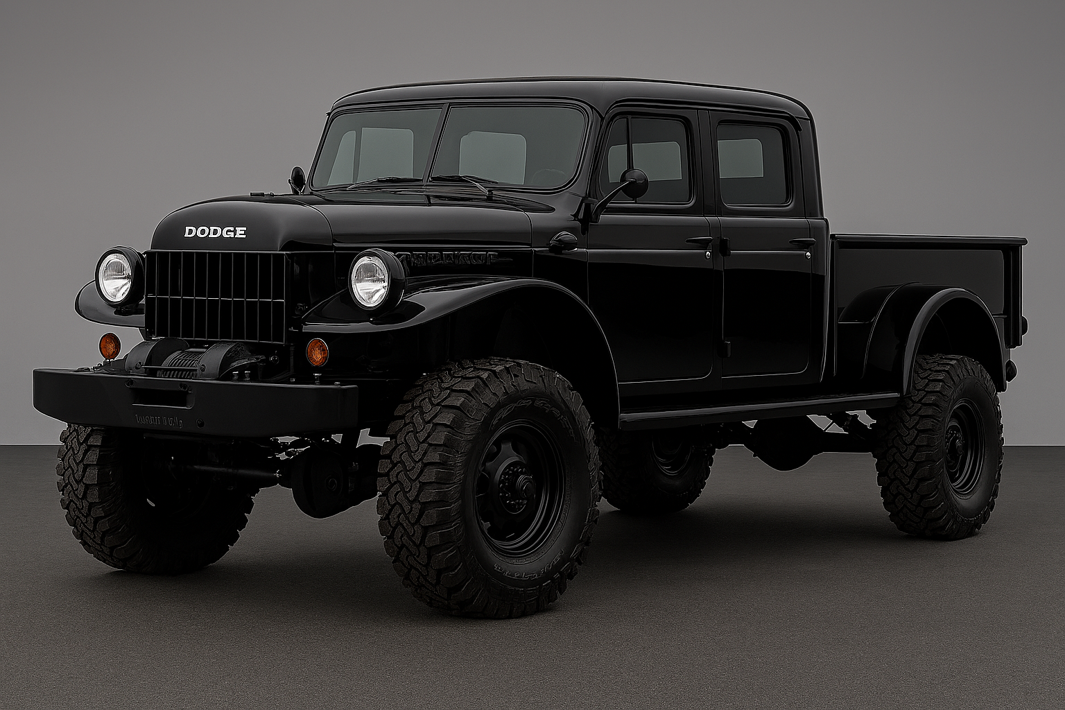 A black vintage Dodge pickup truck with large off-road tires, parked on a gray surface against a gray background.