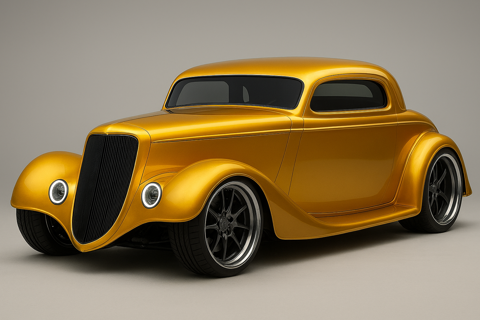 A shiny gold vintage-style car with black wheels and dark windows, positioned on a plain light gray background.