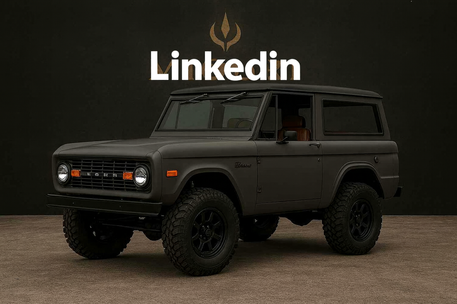 A black vintage SUV with large tires, displayed against a black background with the white and gold 'LinkedIn' logo above.