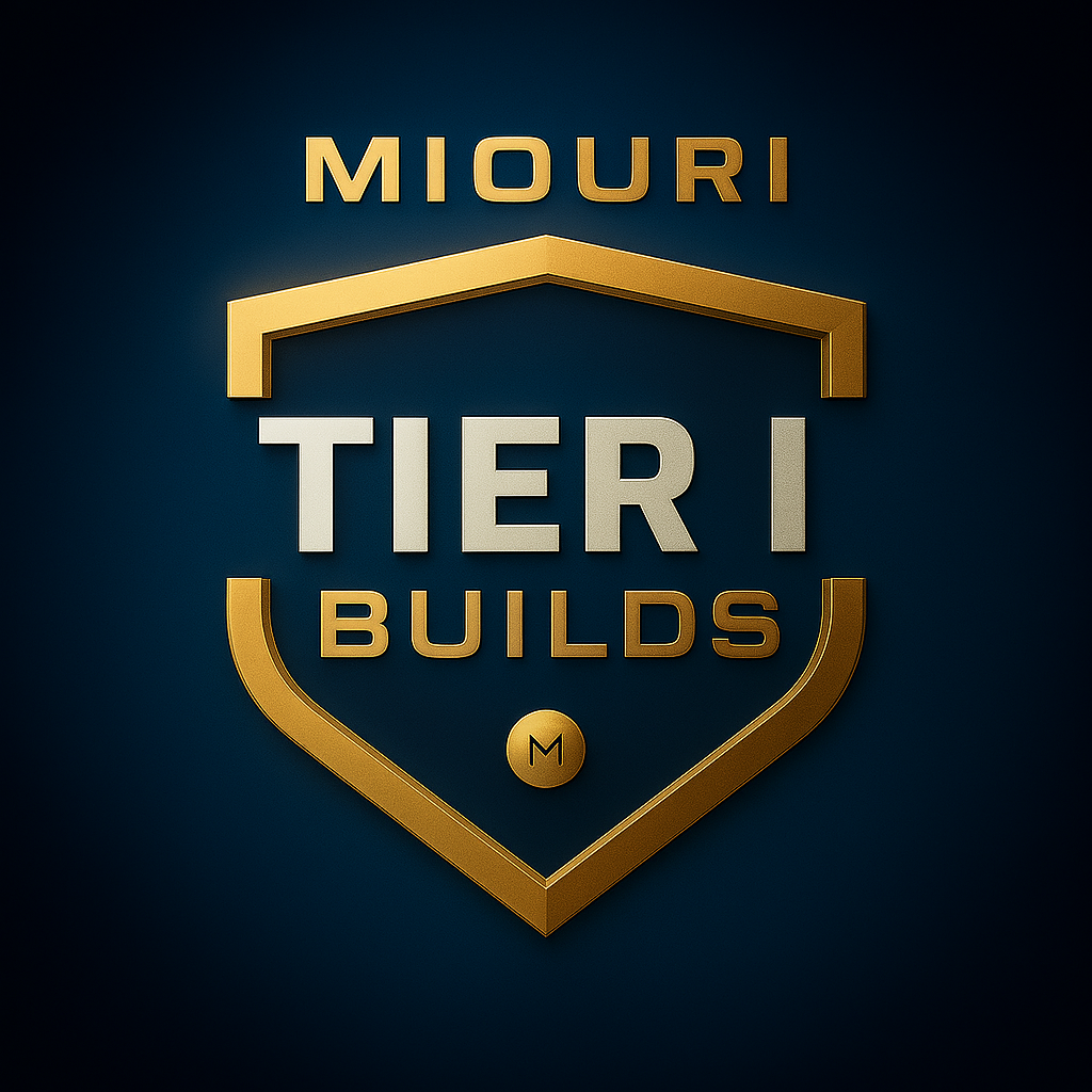 A logo with the words "MIOURI TIER I BUILDS" in gold and silver, featuring a shield design and a small circle with an "M" at the bottom.