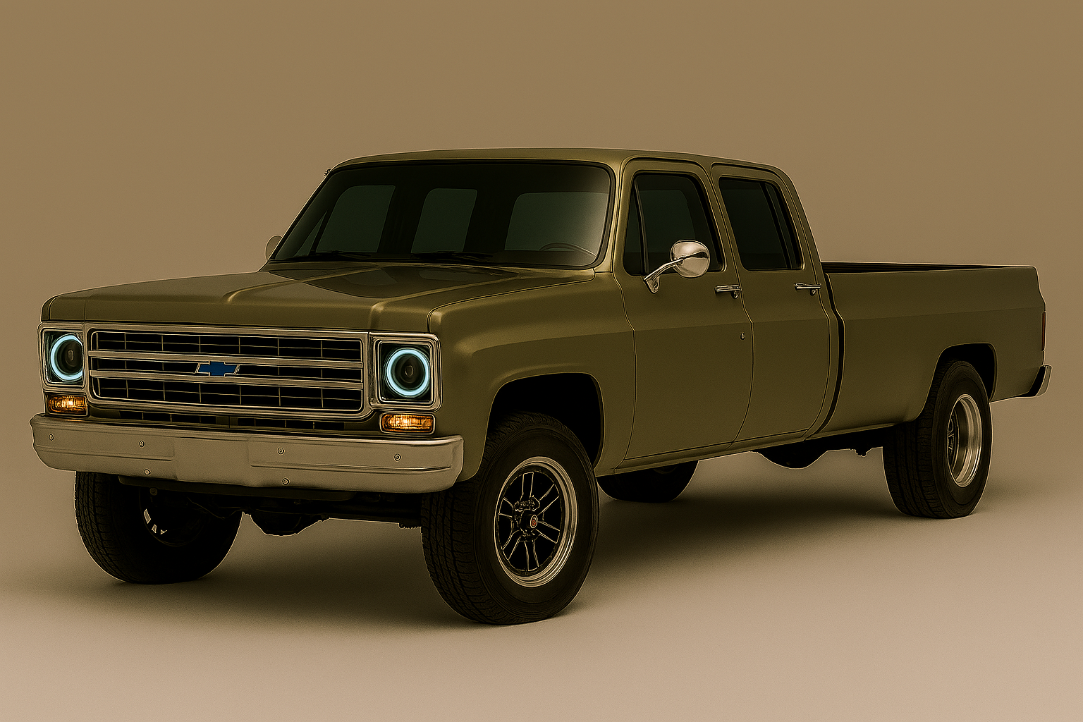 An olive green vintage Chevrolet pickup truck with illuminated circular headlights and vintage wheels on a neutral background.