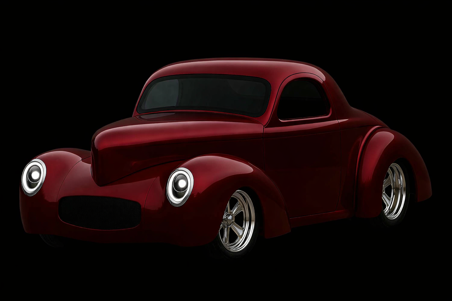 A sleek, vintage-style red car with rounded fenders, large circular headlights, and silver rims against a black background.