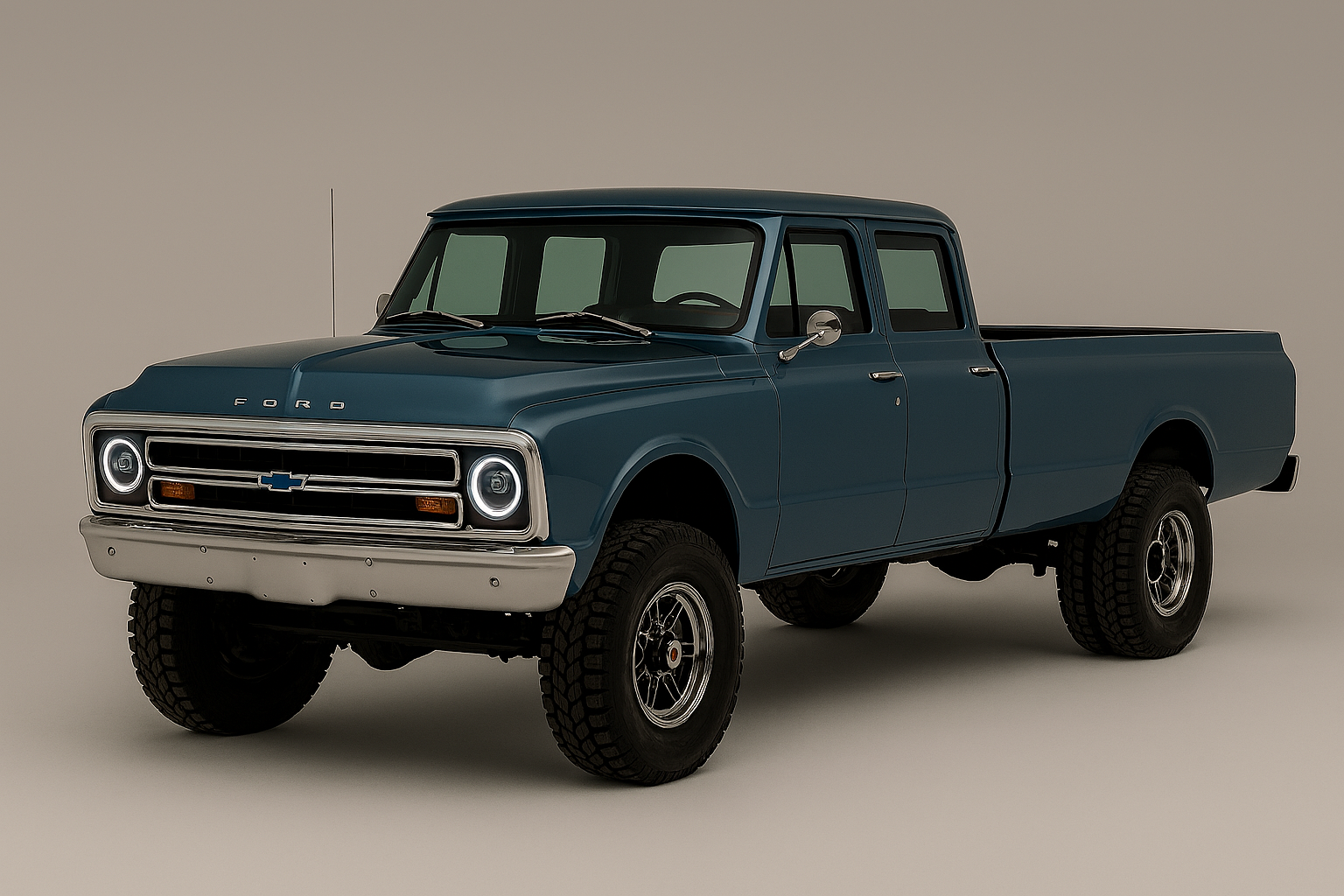 A vintage blue Ford pickup truck with a double cab, round headlights, and large off-road tires on a plain background.