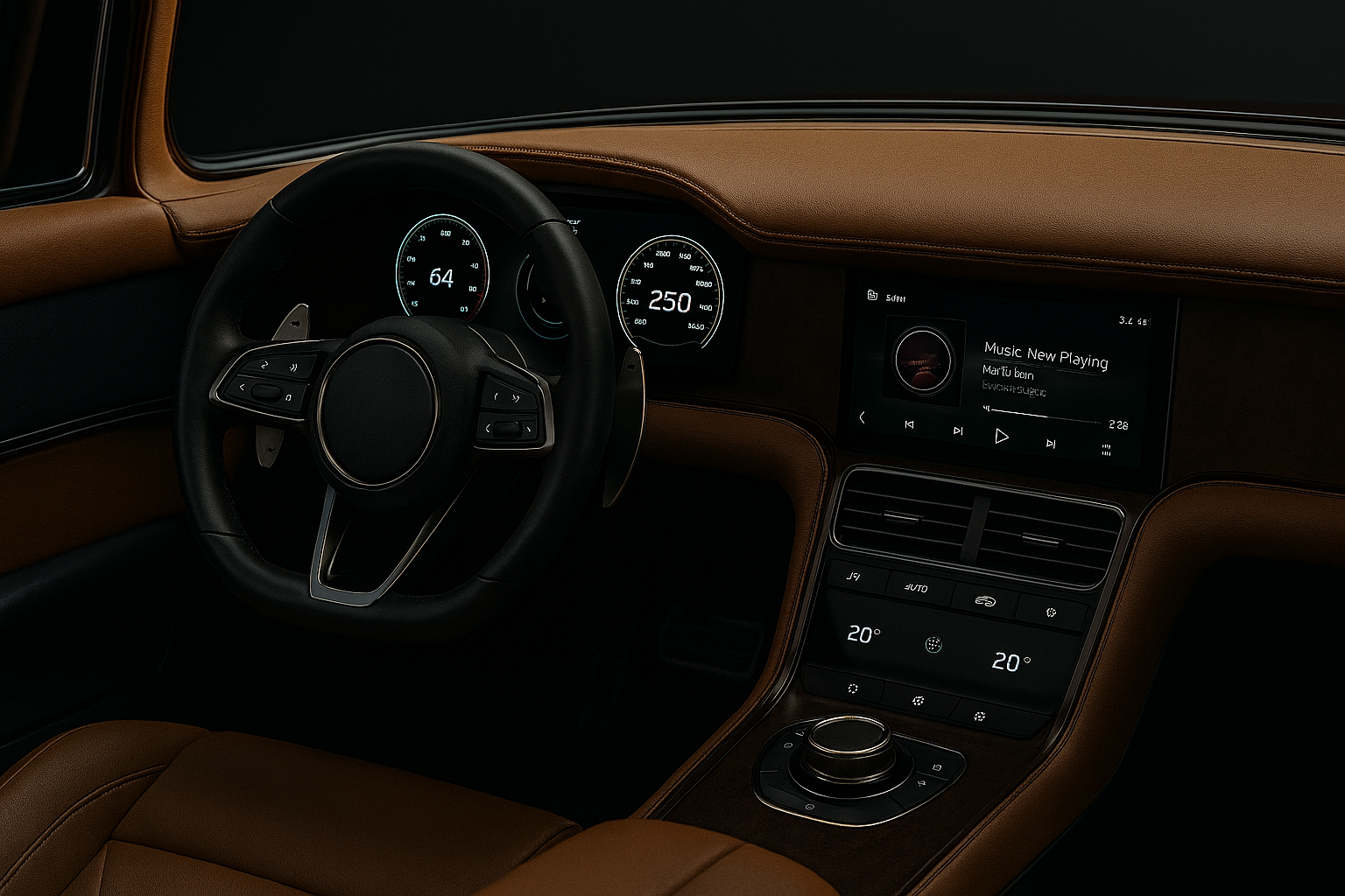 Interior view of a modern car dashboard with digital displays, a steering wheel, and climate control system.