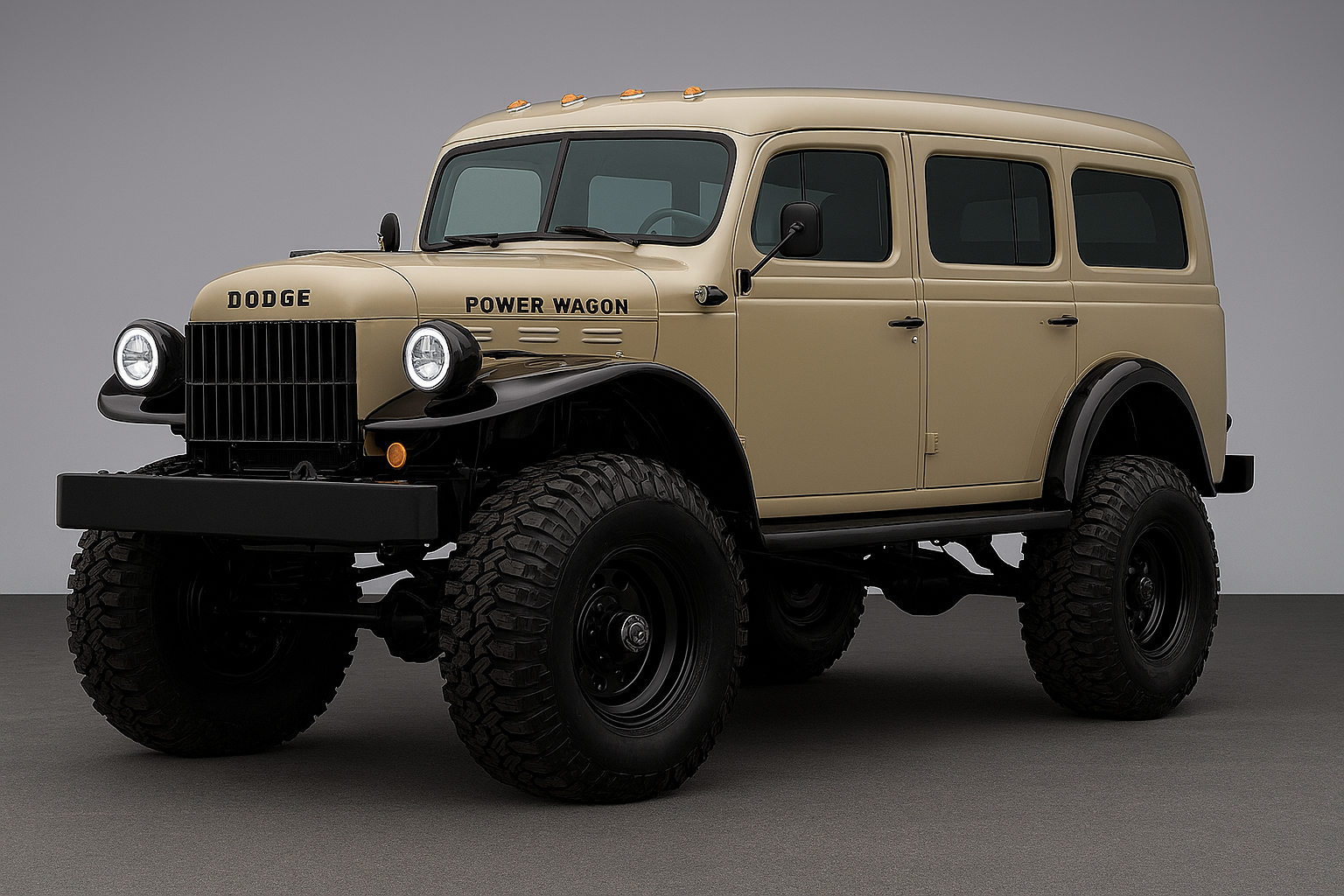 A vintage Dodge Power Wagon military vehicle with beige and black colors, large off-road tires, and a boxy design, displayed on a plain gray background.