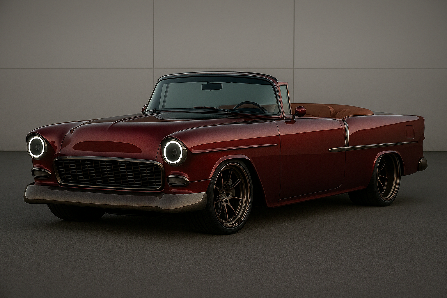 A vintage red convertible car with modern headlights parked against a plain wall.
