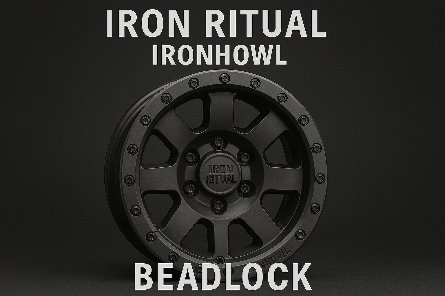 Close-up of a black beadlock wheel with the words 'IRON RITUAL,' 'IRONHOWL,' and 'BEADLOCK' overlayed on dark background.