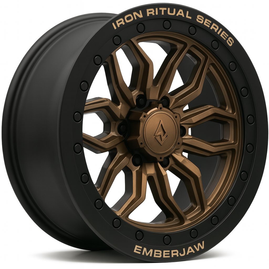 Close-up of a bronze-colored car wheel with black outer rim, labeled 'Iron Ritual Series' and 'Emberjaw'.