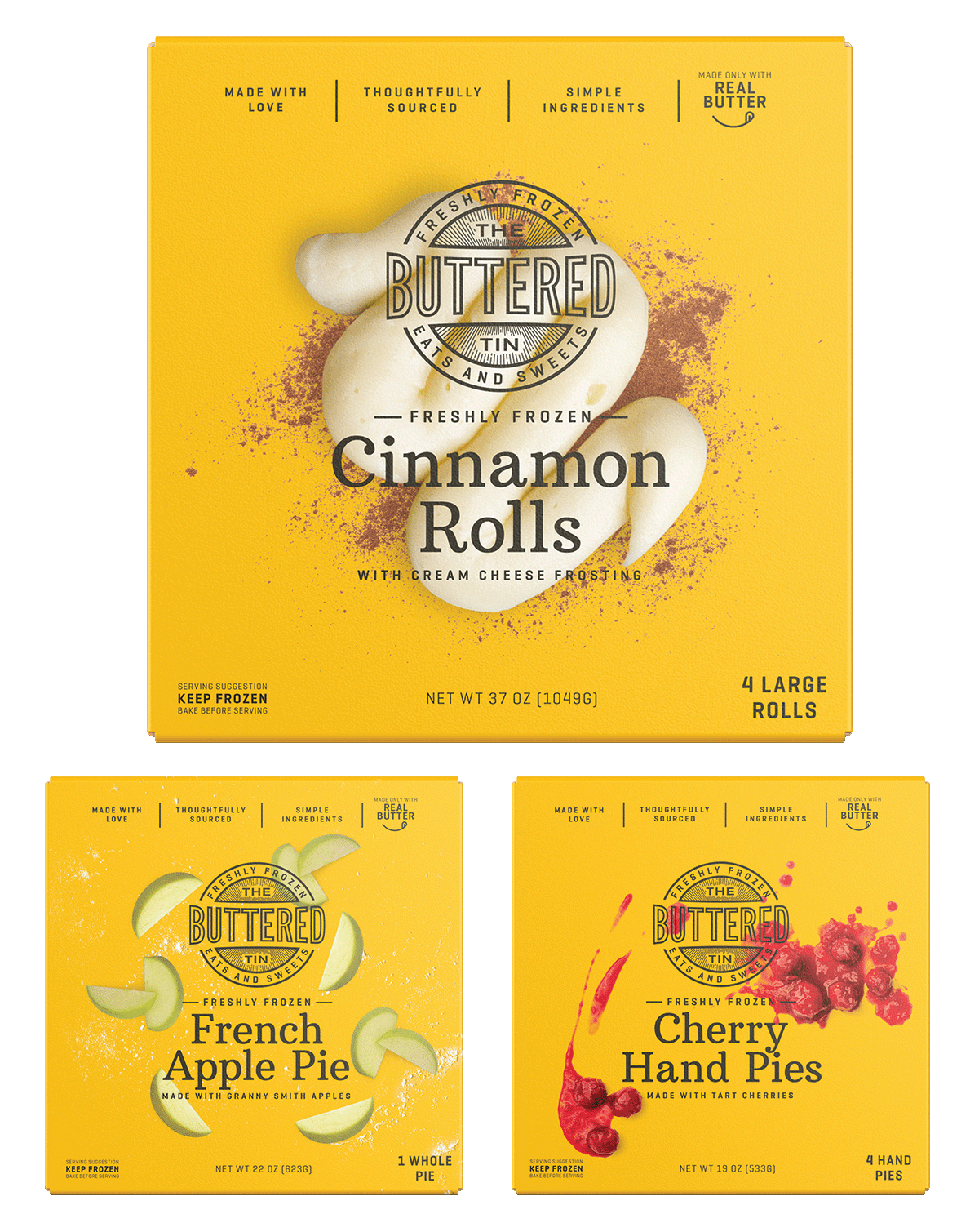 Boxes for Freshly Frozen Cinnamon Rolls, French Apple Pie, and Cherry Hand Pies