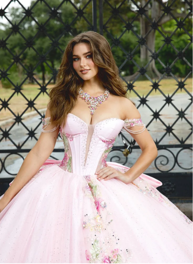 PQ1095 Beautiful Flower Adorn Dress with Ruffle at Hem and Matching Bow