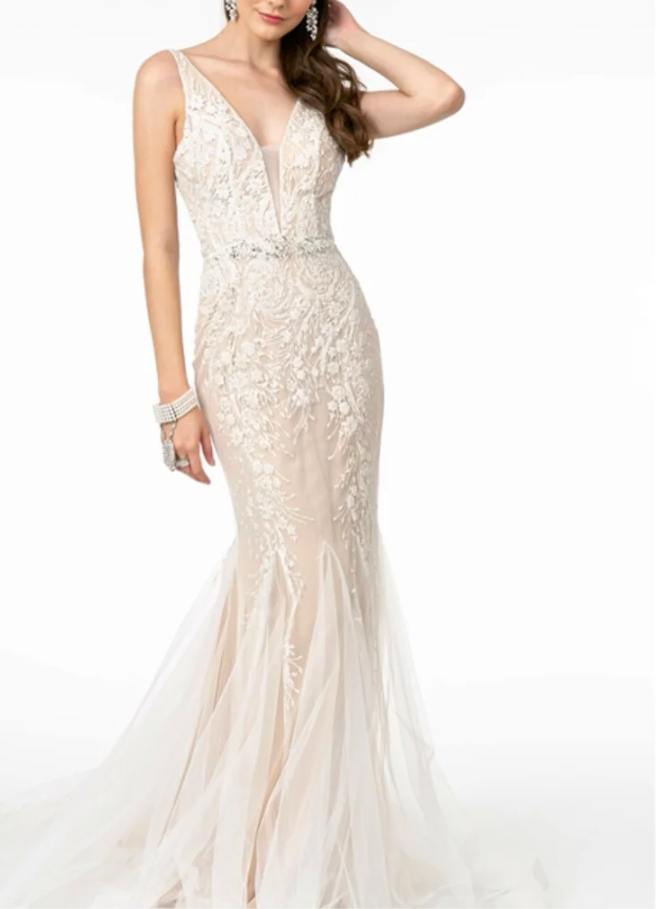 V-Neck Mermaid Long Bridal Gown w/ V-Back GL2985