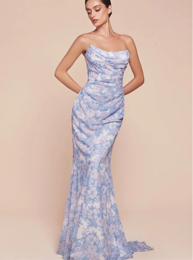 7445 STRAPLESS FLORAL PRINTED SOFT SATIN DRESS