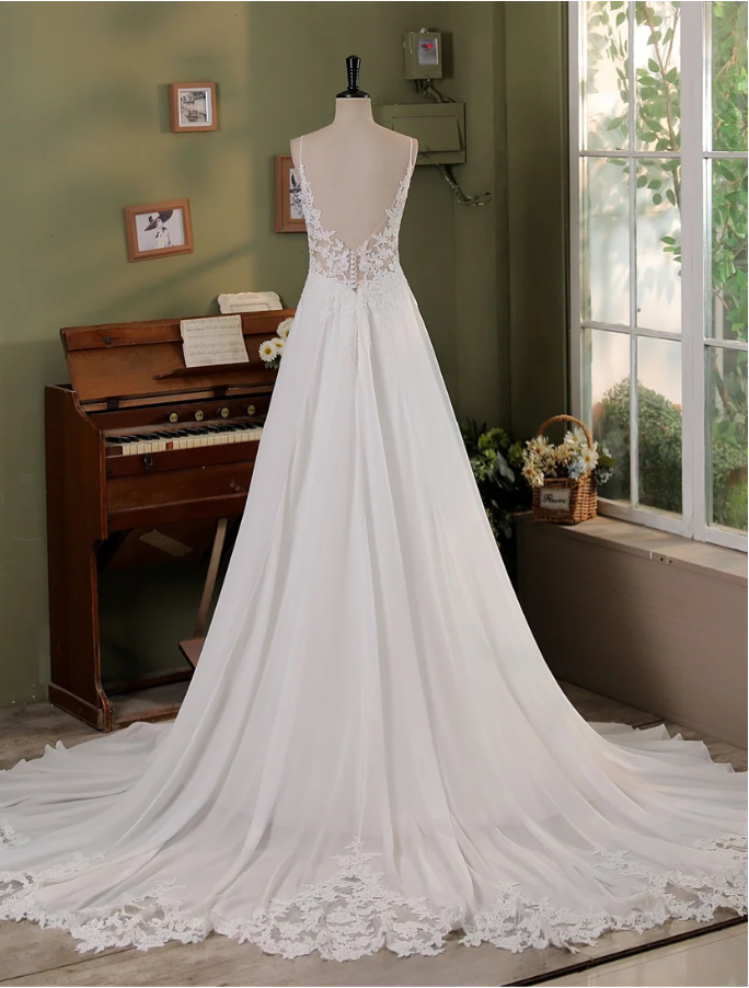 Spaghetti Straps Lace A Line Chiffon Wedding Dress SKU: FS1267