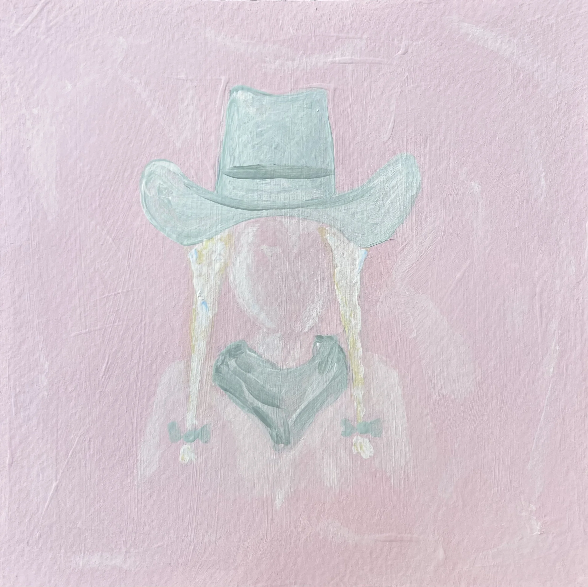 Cowgirl with long blonde hair, wearing a light blue cowboy hat and a large light blue scarf, set against a pink background.