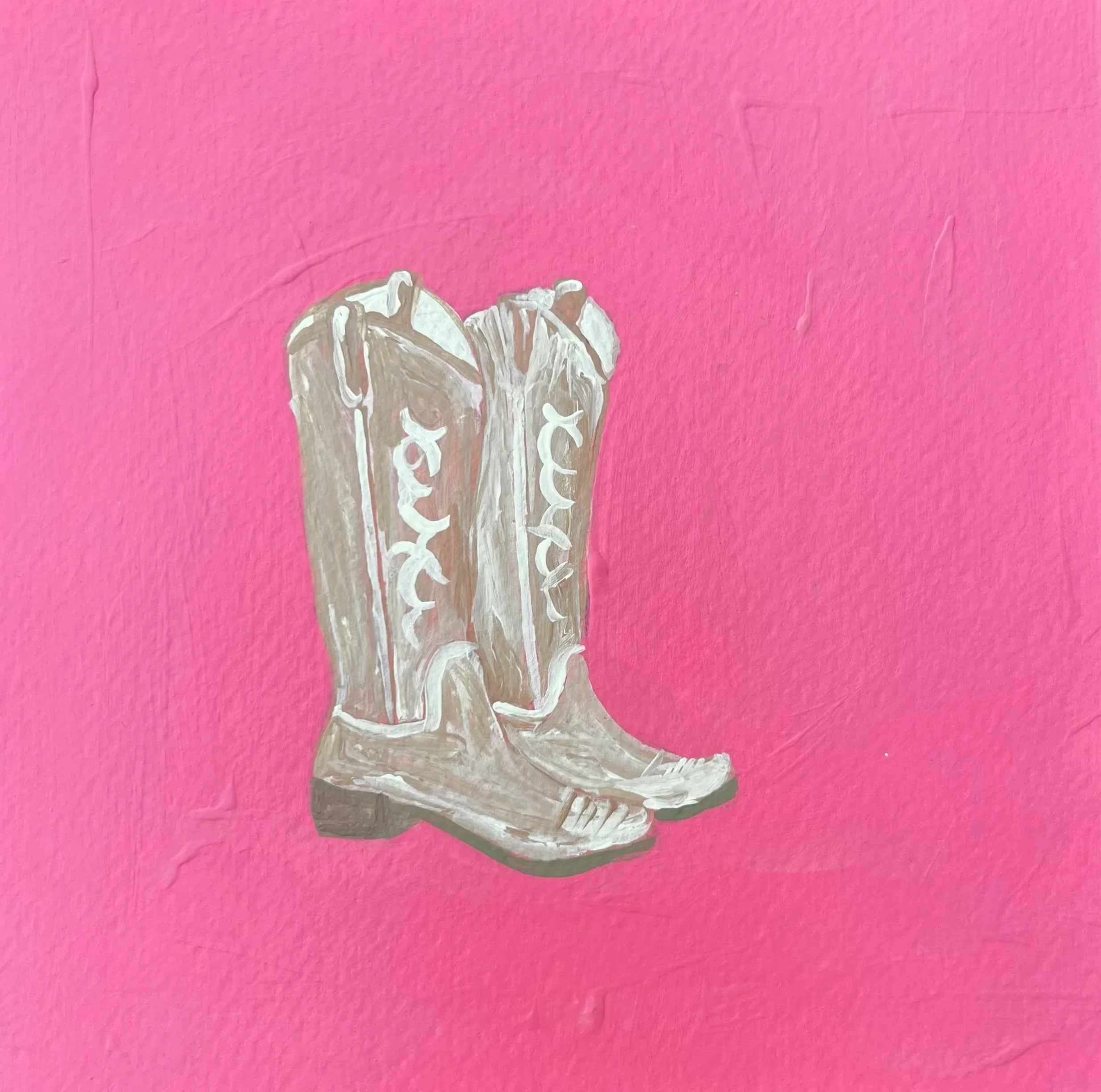 Painting of a pair of brown cowboy boots with white decorative stitching on a pink background.