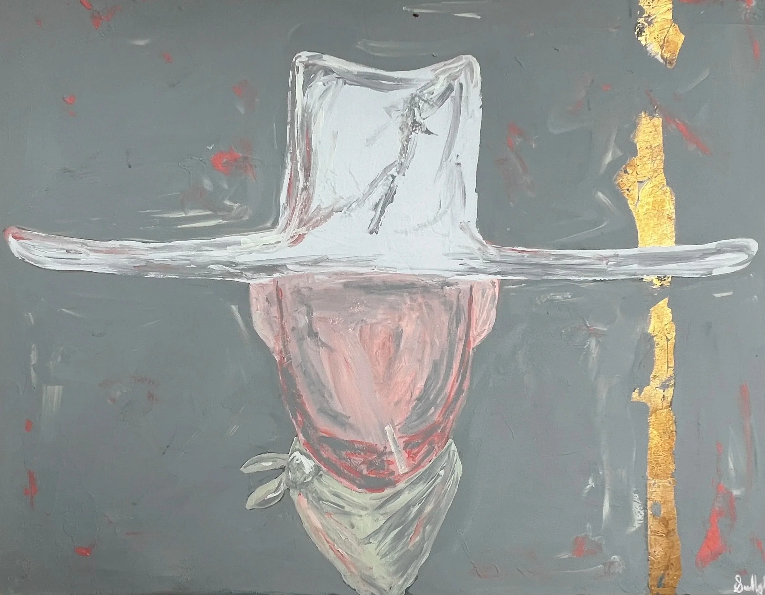 Abstract painting of a cowboy with a white hat, bandana, and gray background, using loose brushstrokes and gold accents.
